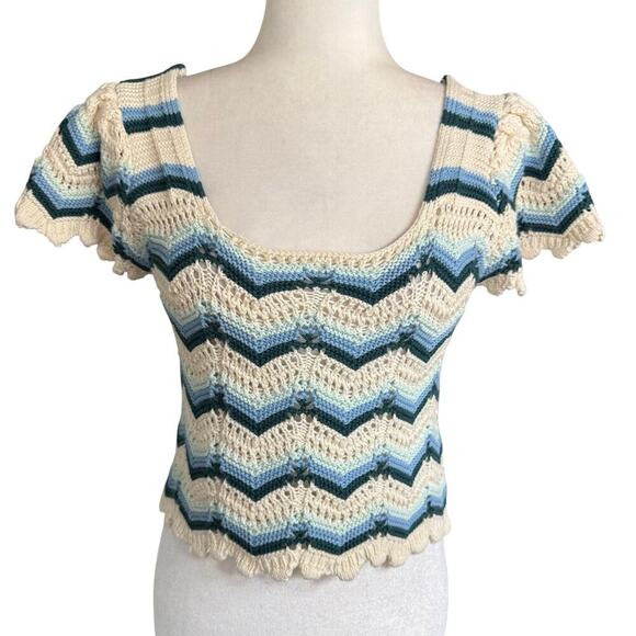 Altar'd State Womens Fashion Wave Stripe Print Crochet Top Blue M Bohemian Boho - Picture 1 of 10